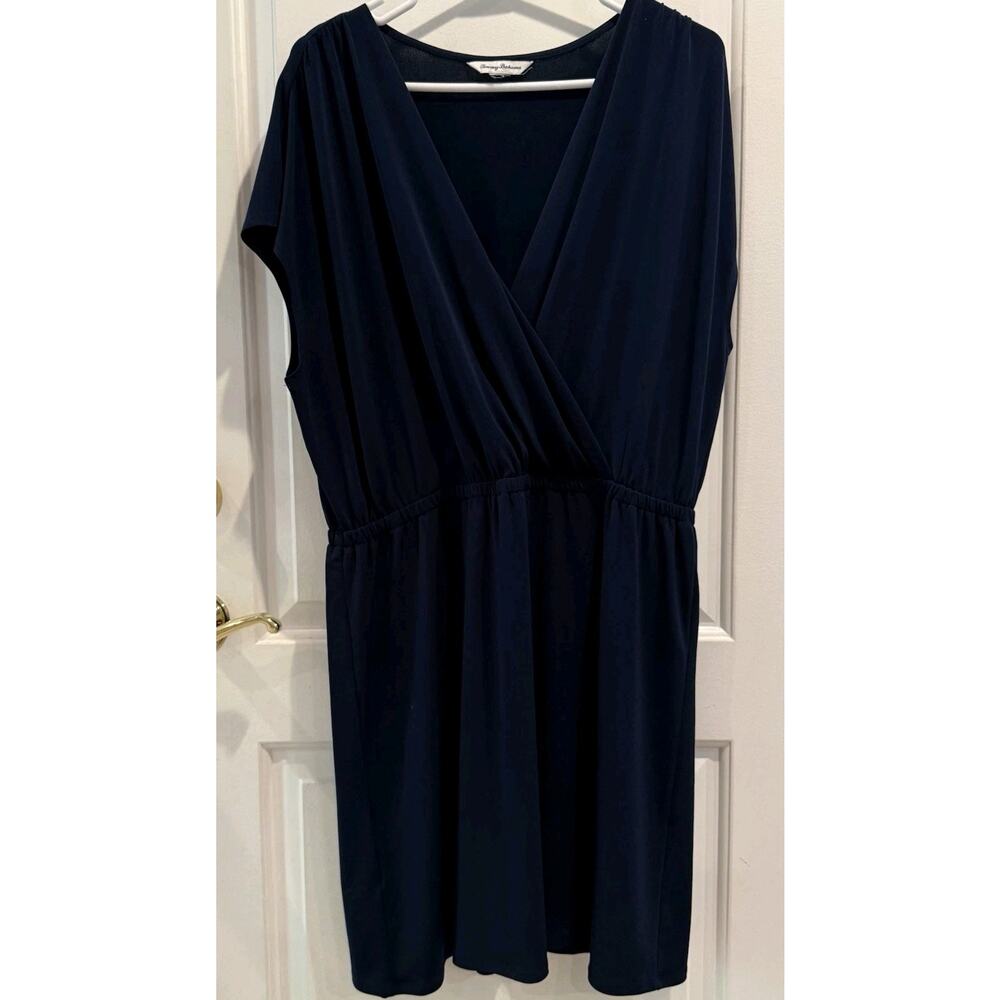 Tommy Bahama Faux Wrap Stretchy Dress Ladies Sz L Ocean Deep Blue Kimono Office
